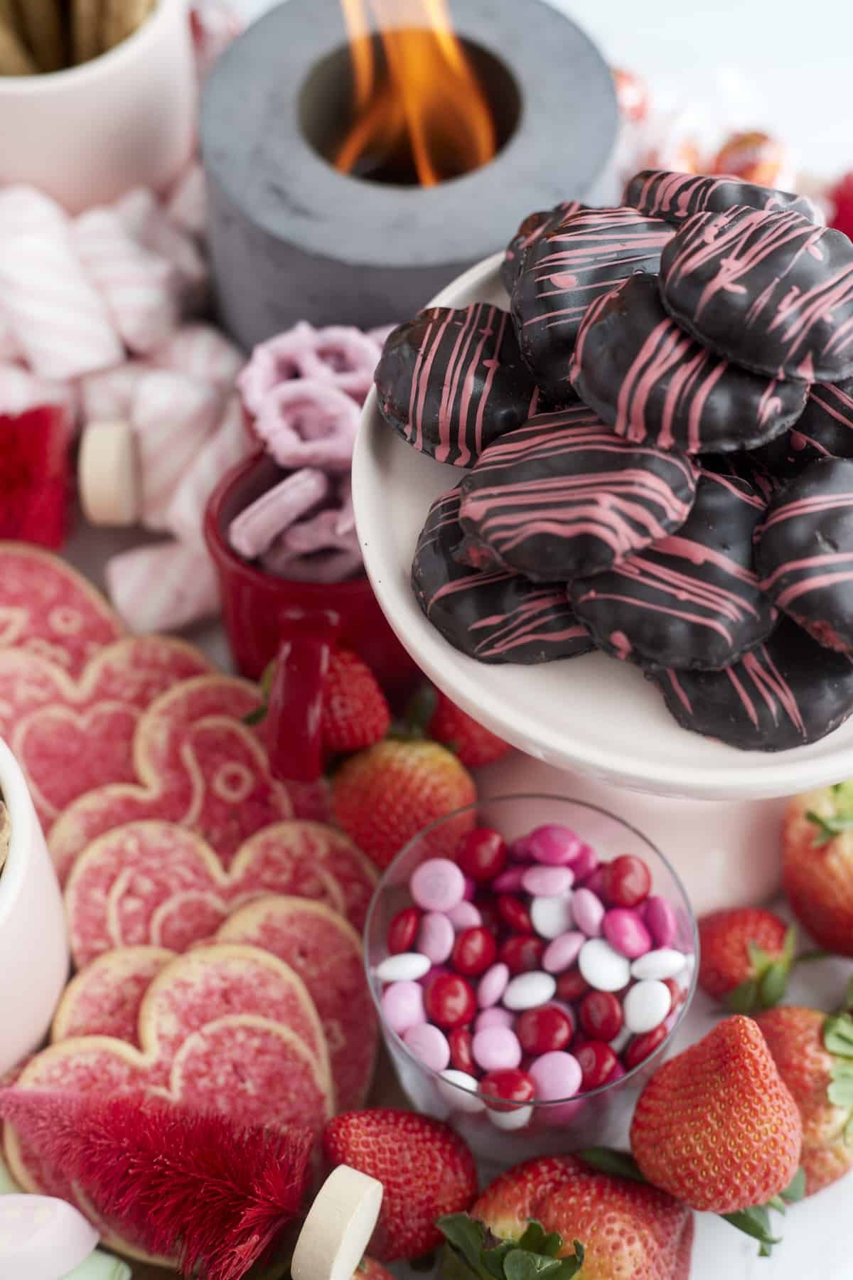 overhead image of a dessert Valentine's charcuterie board