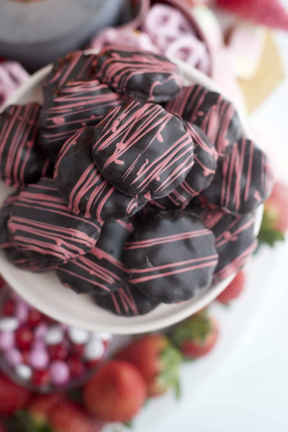 chocolate cookies on a Valentine's board