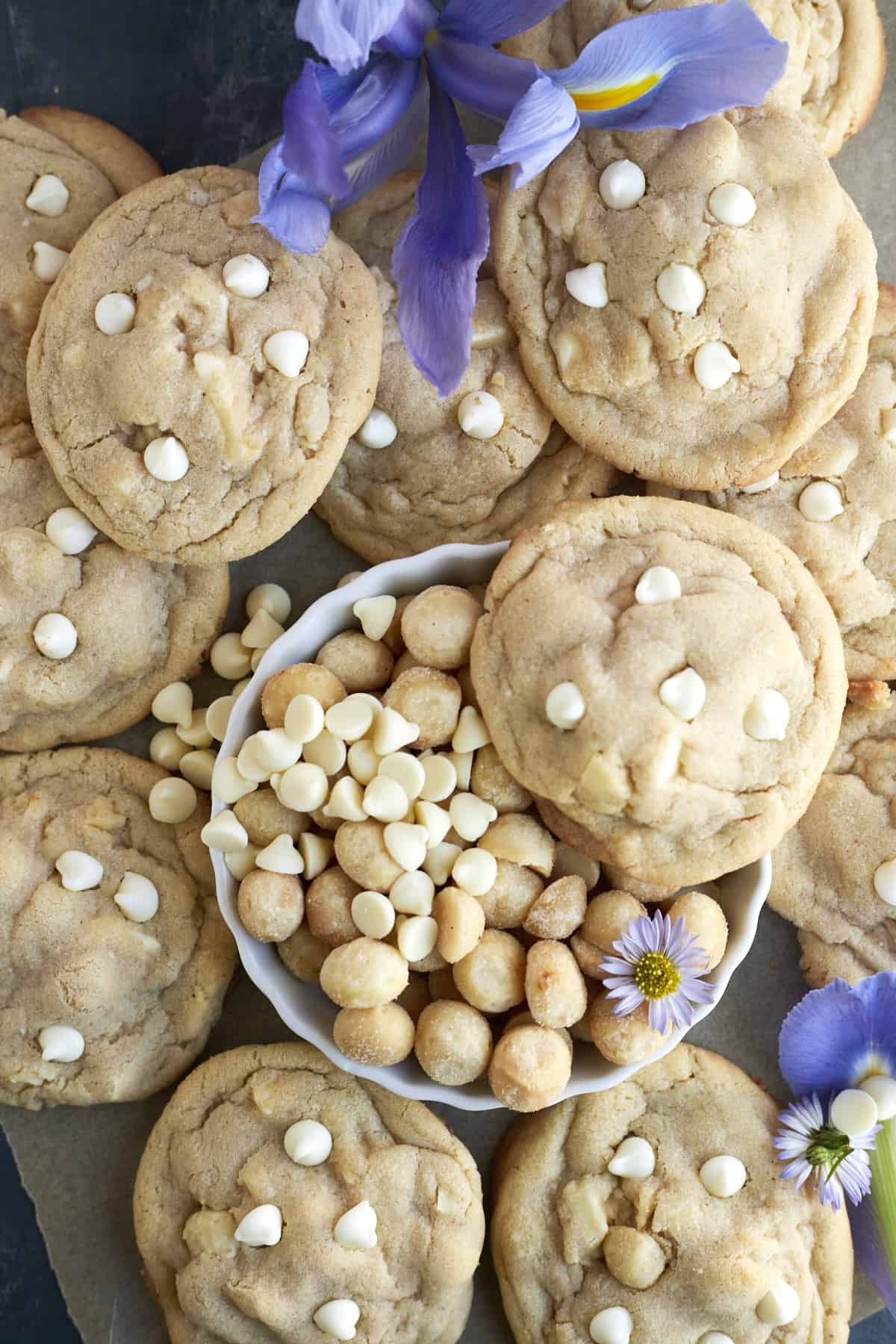 a batch of white chocolate macadamia nut cookies.