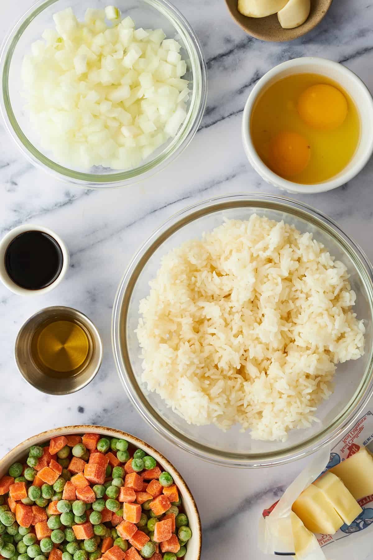 Ingredients to make wok fried rice.