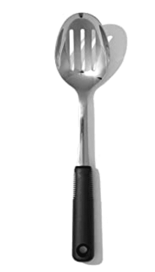 Stainless steel slotted spoon.