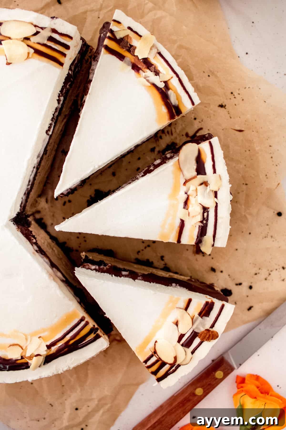A beautifully presented Billy Miner Ice Cream Pie, cut into slices, revealing all its delicious layers.