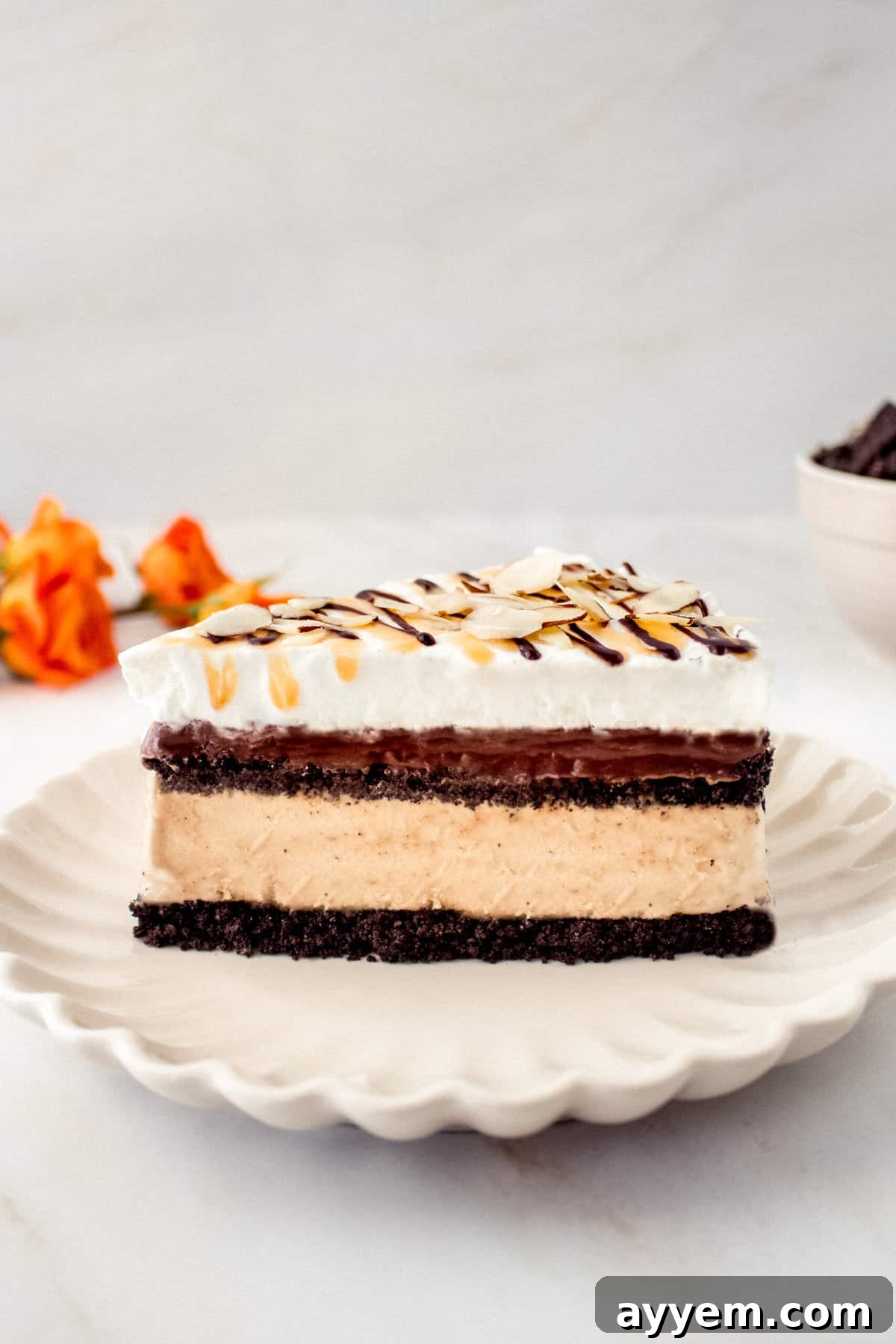 A side view of a slice of Billy Miner Ice Cream Pie showcasing the perfectly distinct layers of crunchy chocolate crust, creamy coffee ice cream, rich fudge, and light whipped topping.