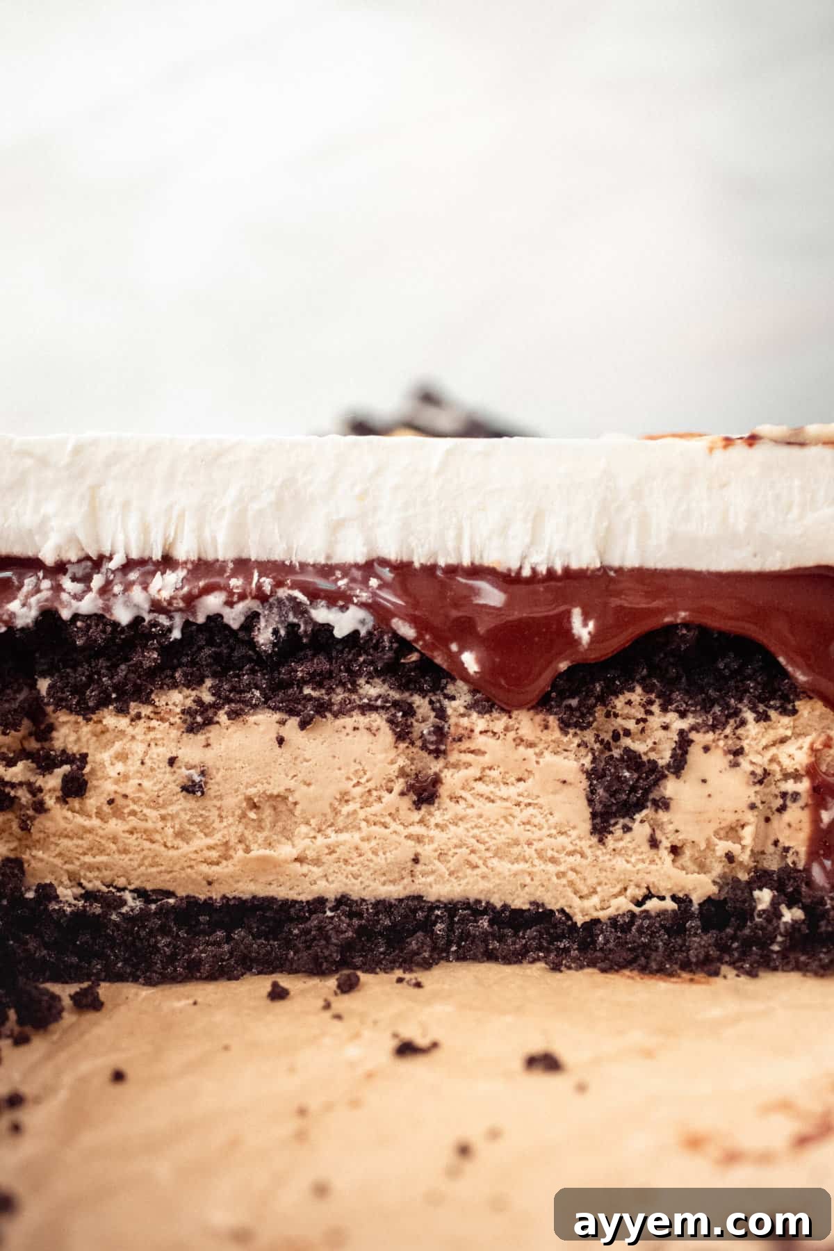 A close-up view of a slice of Billy Miner Ice Cream Pie, revealing the distinct layers of chocolate cookie crust, creamy coffee ice cream, rich fudge, and fluffy whipped topping.