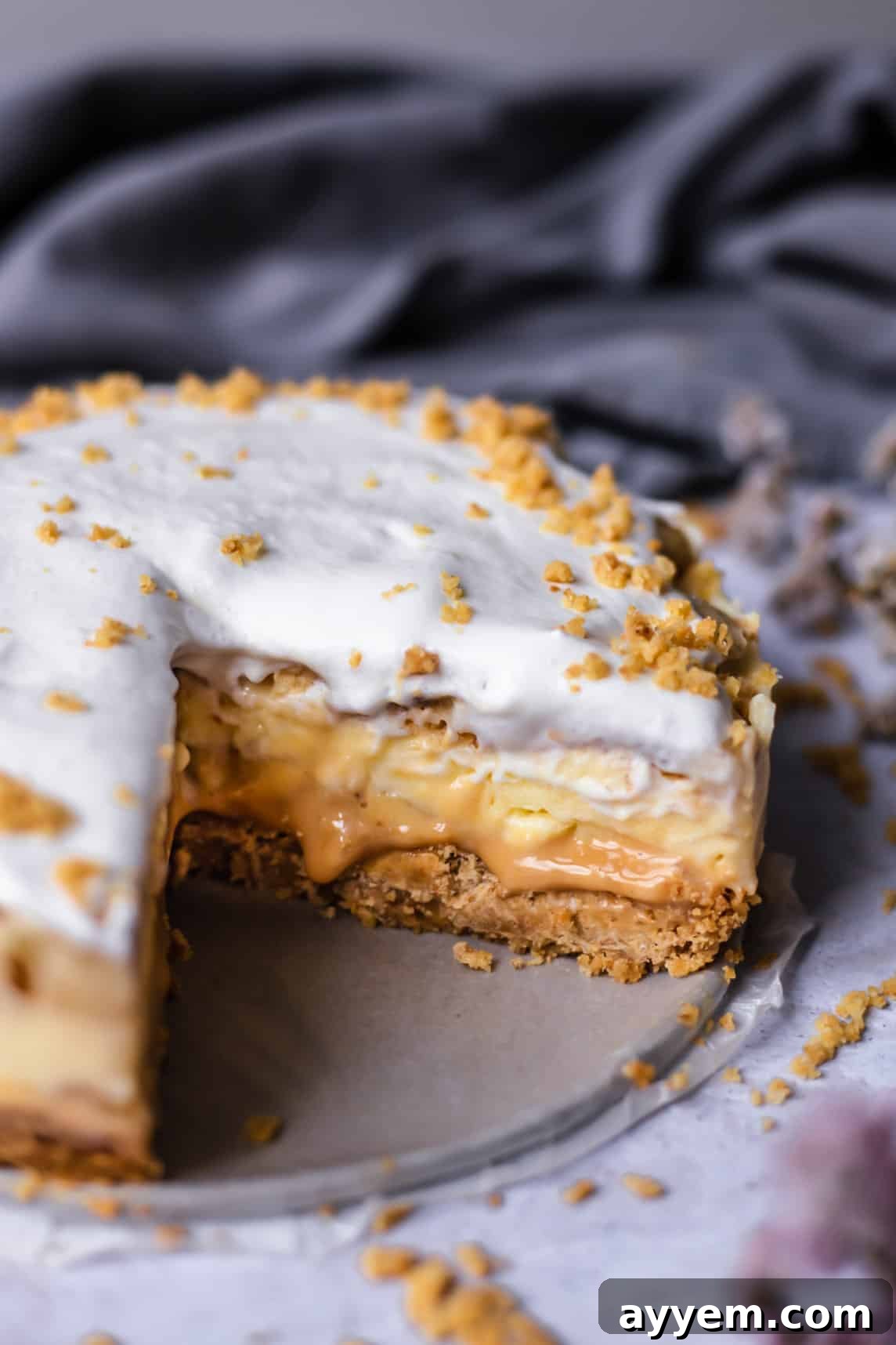 A side view of a meticulously layered banoffee pie with one slice neatly cut out, clearly displaying the distinct layers of crisp crust, rich dulce de leche, sweet vanilla pudding, and fluffy whipped cream, highlighting its irresistible appeal.