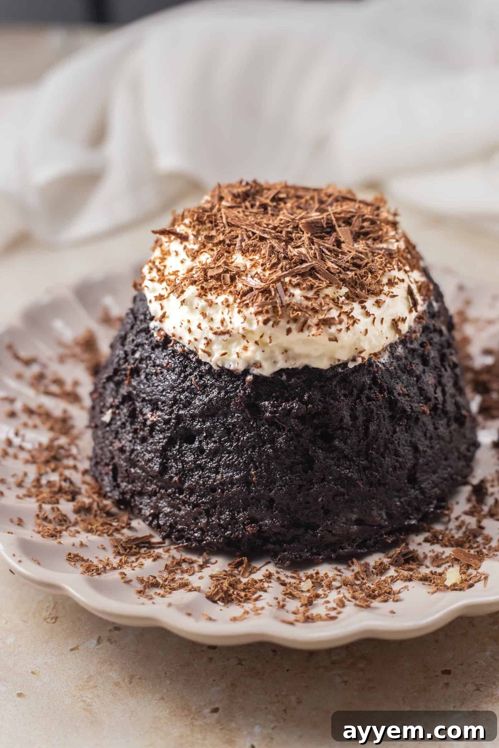 A perfectly baked hazelnut chocolate lava cake, topped with a dollop of whipped cream and chocolate shavings, ready to be served.