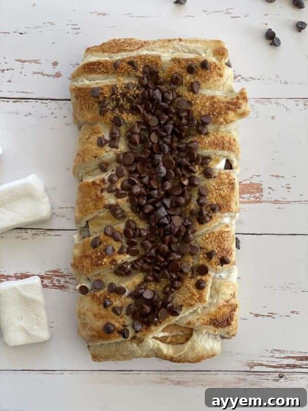 An inviting overhead view of a freshly baked S'mores braided pastry, showcasing its perfectly browned crust, melted marshmallows, and chocolate drizzles, ready to be served.