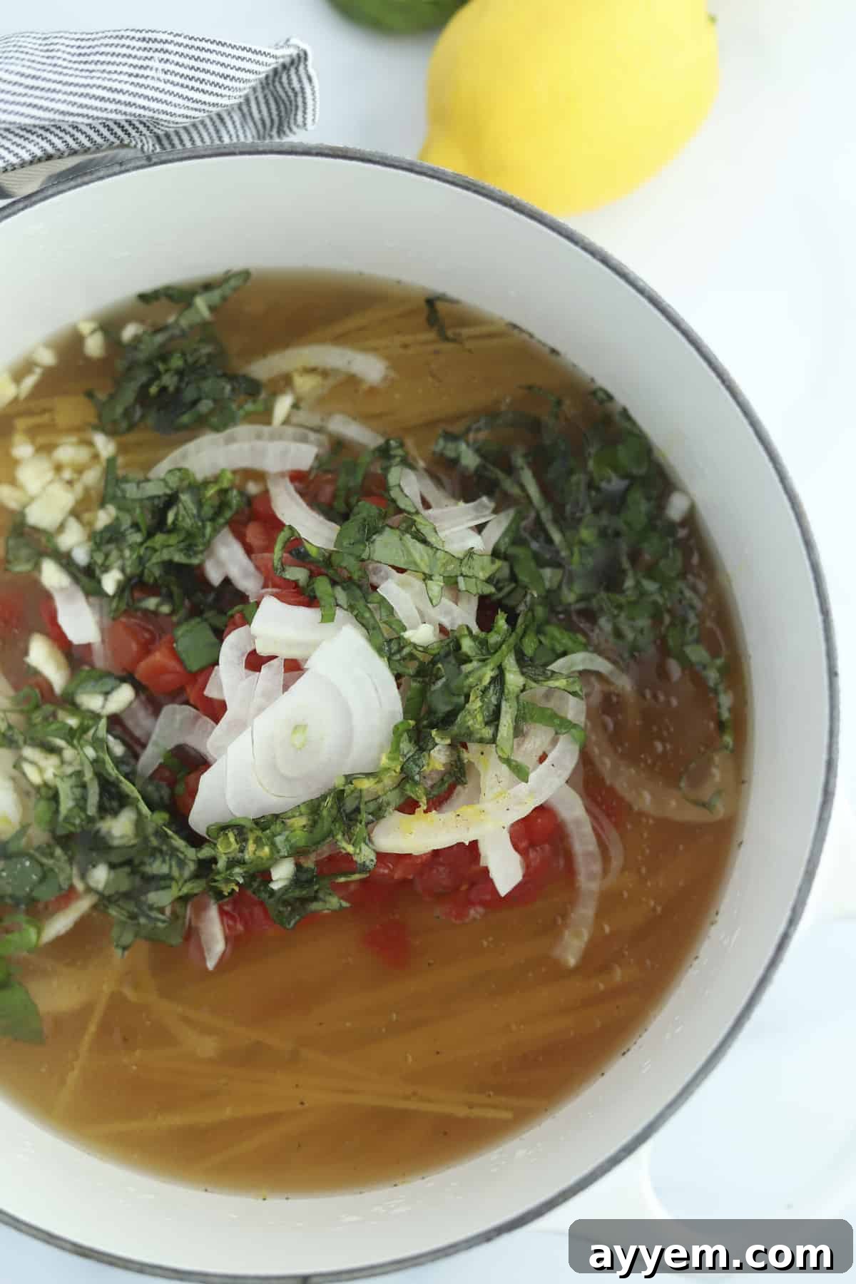 A deep pot filled with Parmesan pasta ingredients, including broth, onions, and tomatoes, prior to cooking.