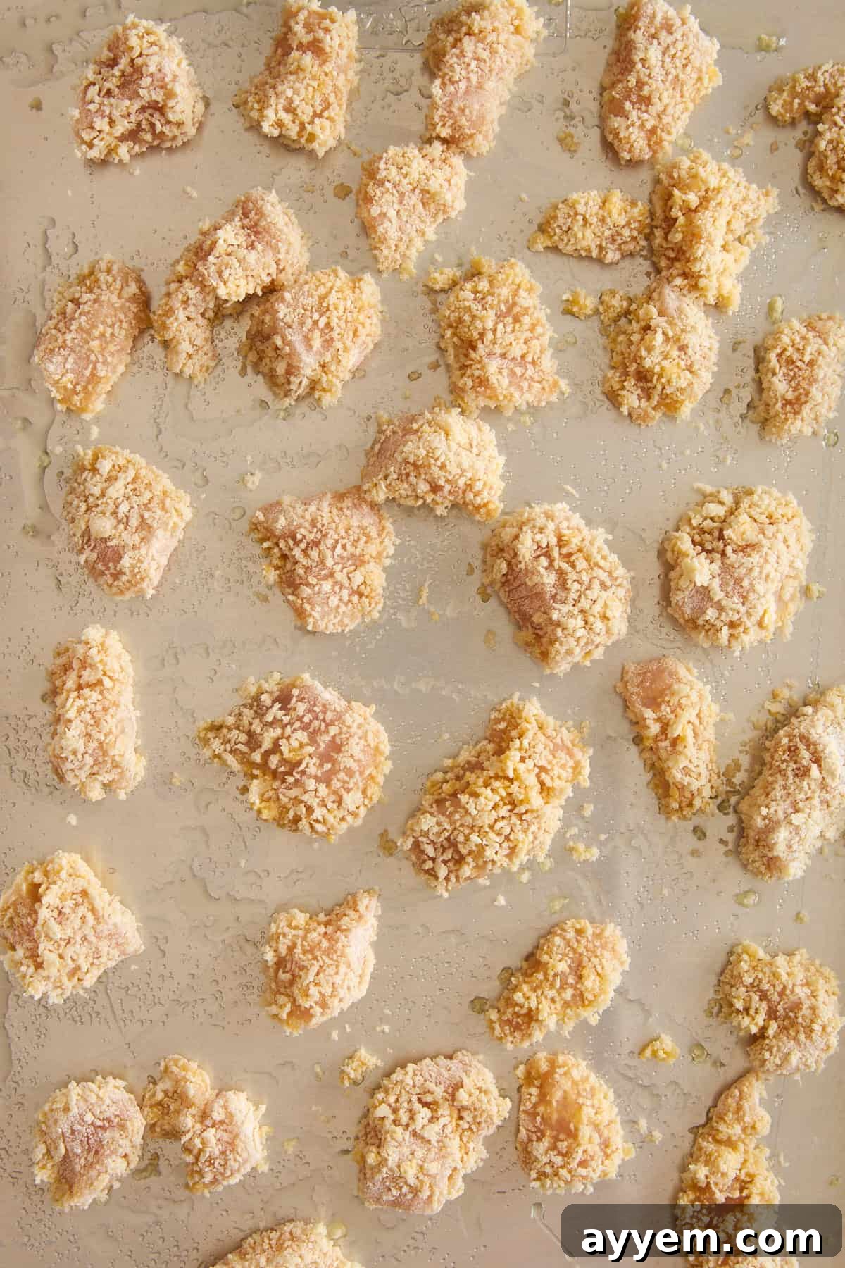 Raw pieces of breaded chicken, ready for baking.