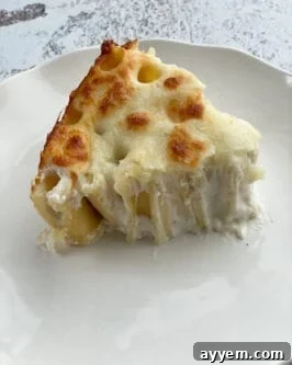 A triangular slice of rigatoni pie on a white plate. 