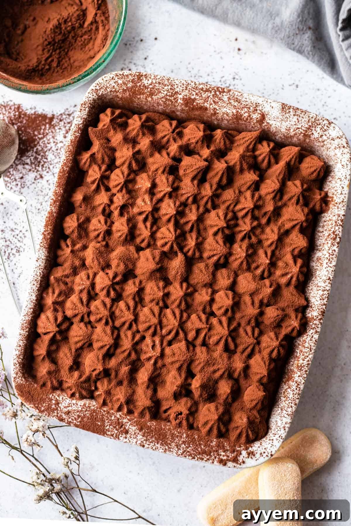 An inviting overhead view of a finished easy chocolate tiramisu in a square baking dish, lightly dusted with cocoa powder, showcasing its rich, dark surface.