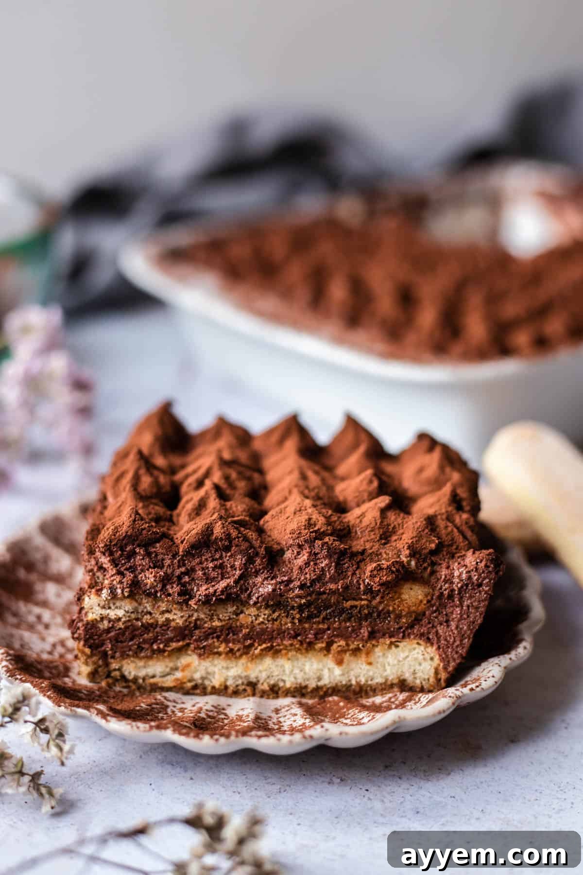A side view of a generous slice of easy chocolate tiramisu, revealing its beautifully defined layers of coffee-soaked ladyfingers and creamy chocolate filling, presented on a white plate.