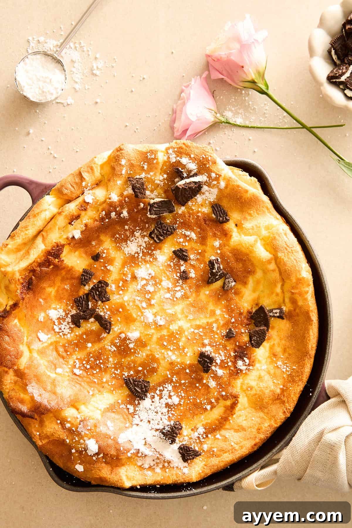 Serve your Dutch Baby Pancake warm with all your favorite toppings like powdered sugar, fresh berries, or maple syrup.