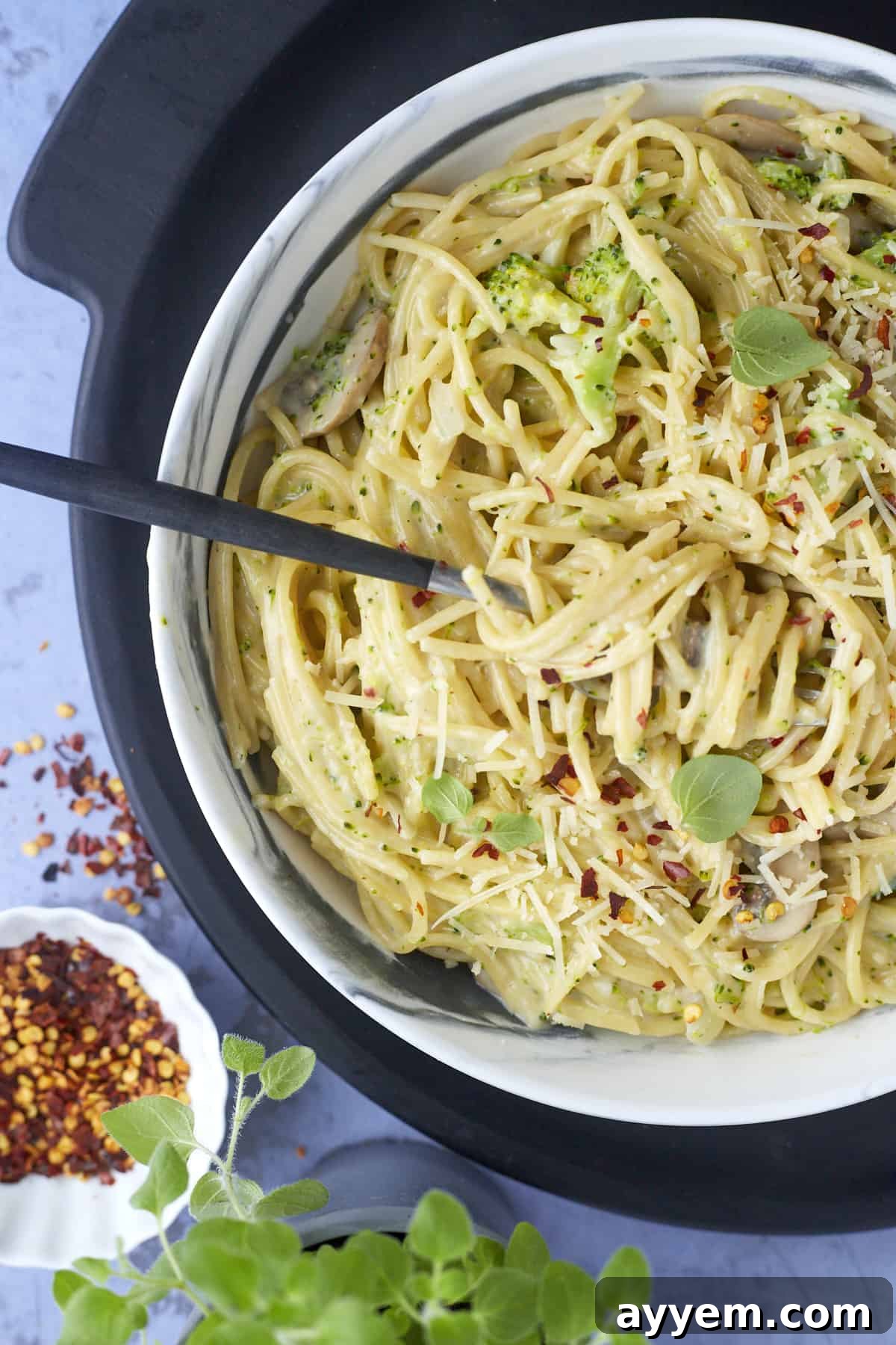 overhead image of a bowl of pasta primavera