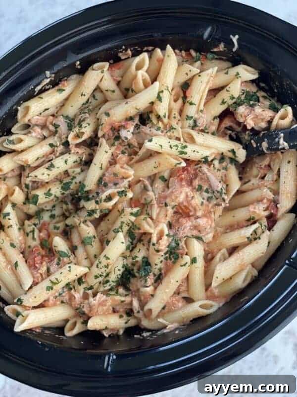 Creamy Tuscan Chicken Pasta in a slow cooker