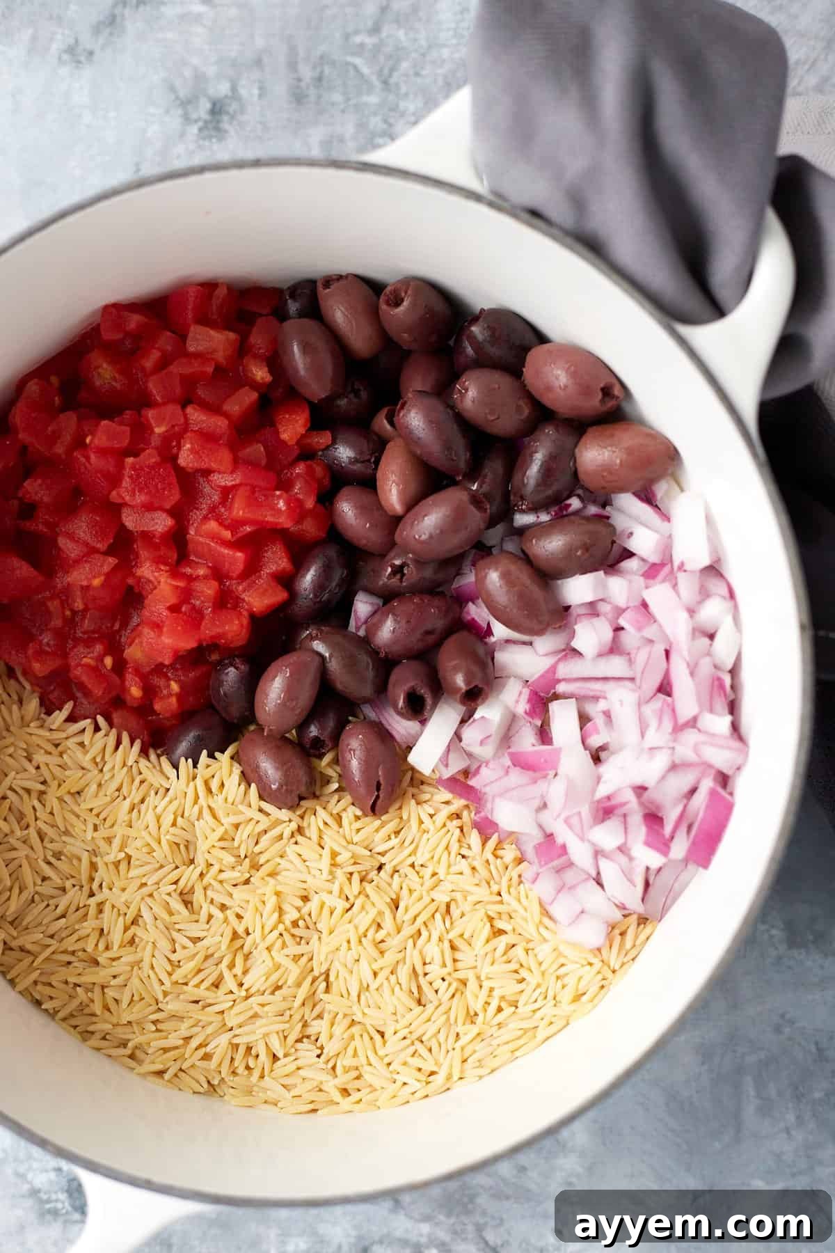 Close-up overhead shot of uncooked orzo pasta, kalamata olives, diced tomatoes, and chopped red onions, ready for cooking.