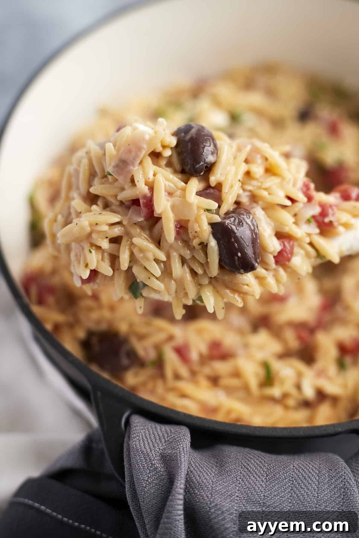 Side view of a serving of One Pot Mediterranean Orzo Pasta, showcasing its rich texture and colorful ingredients.