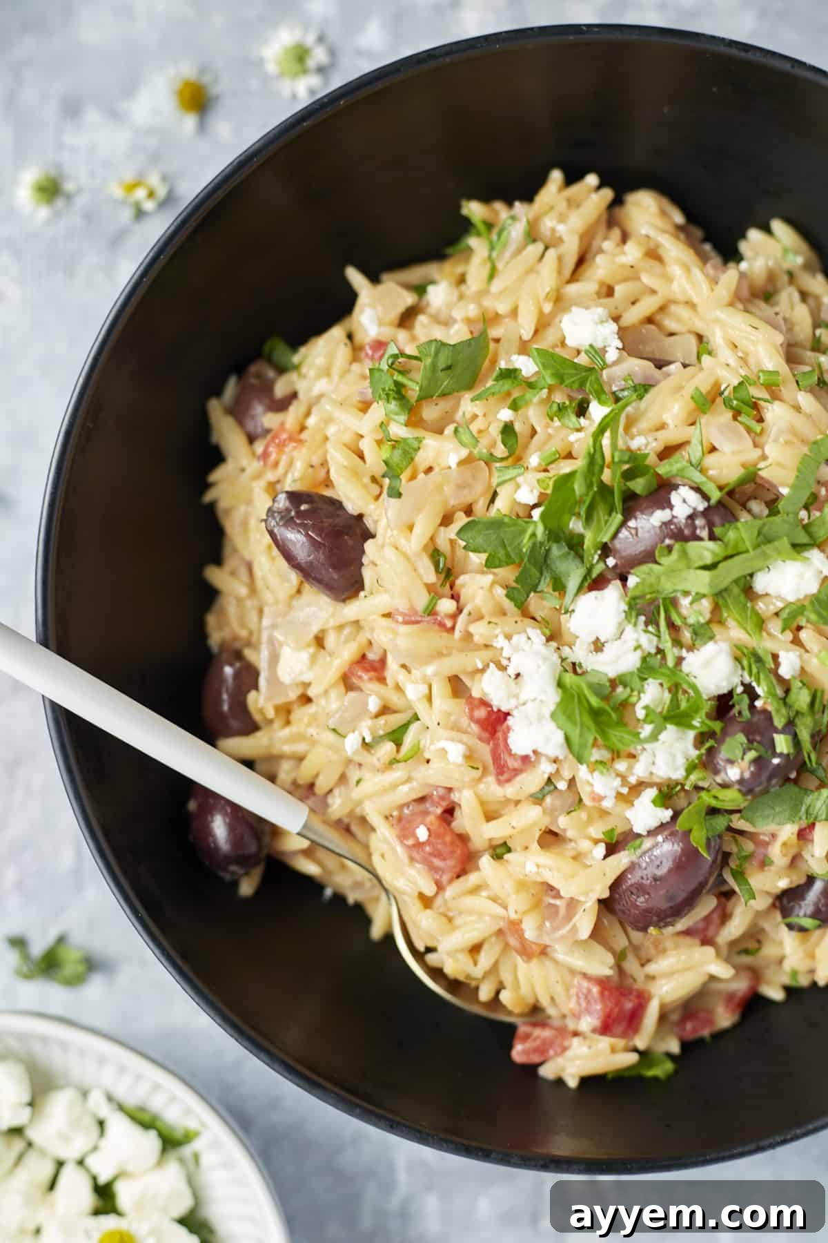 Overhead shot of a plated One Pot Mediterranean Orzo Pasta, elegantly garnished and ready to serve.