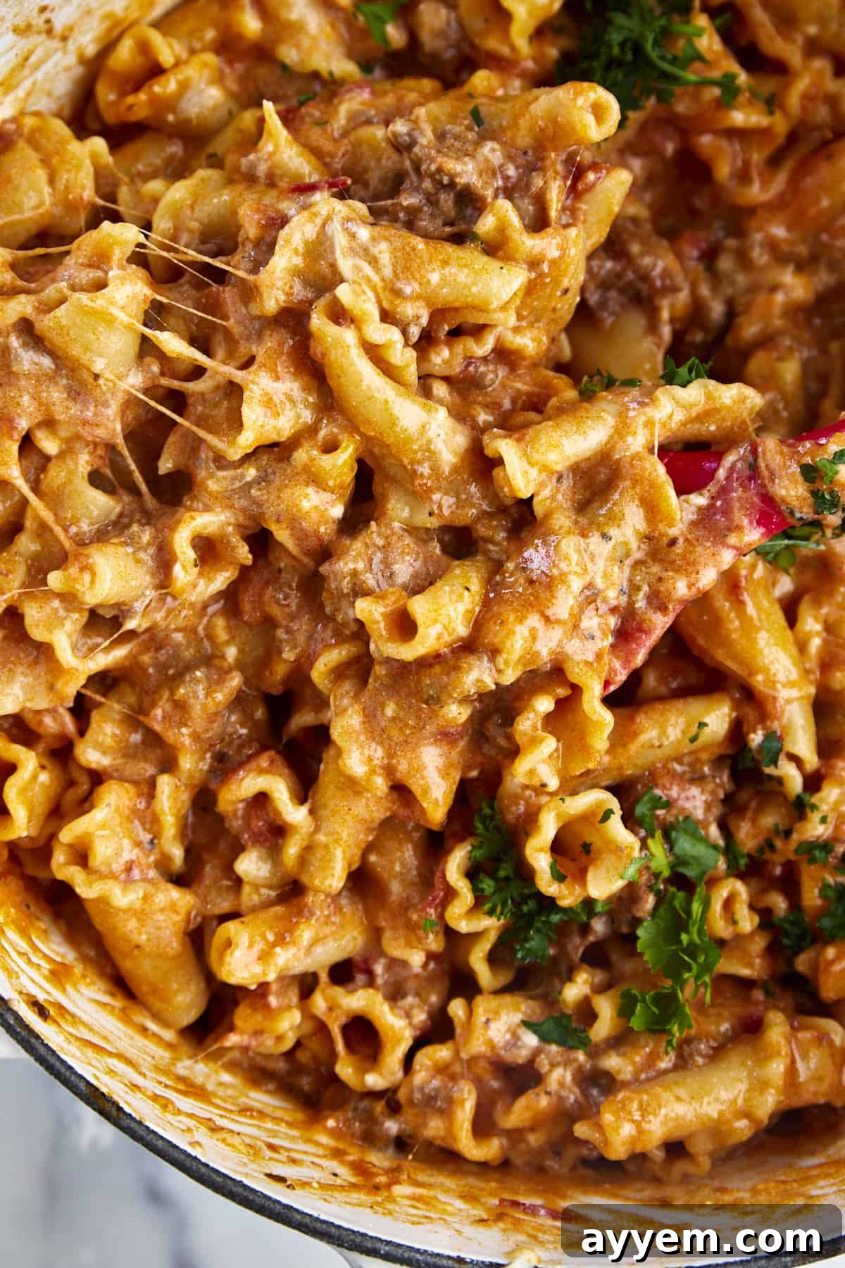 Close up image of one pot lasagna pasta. 