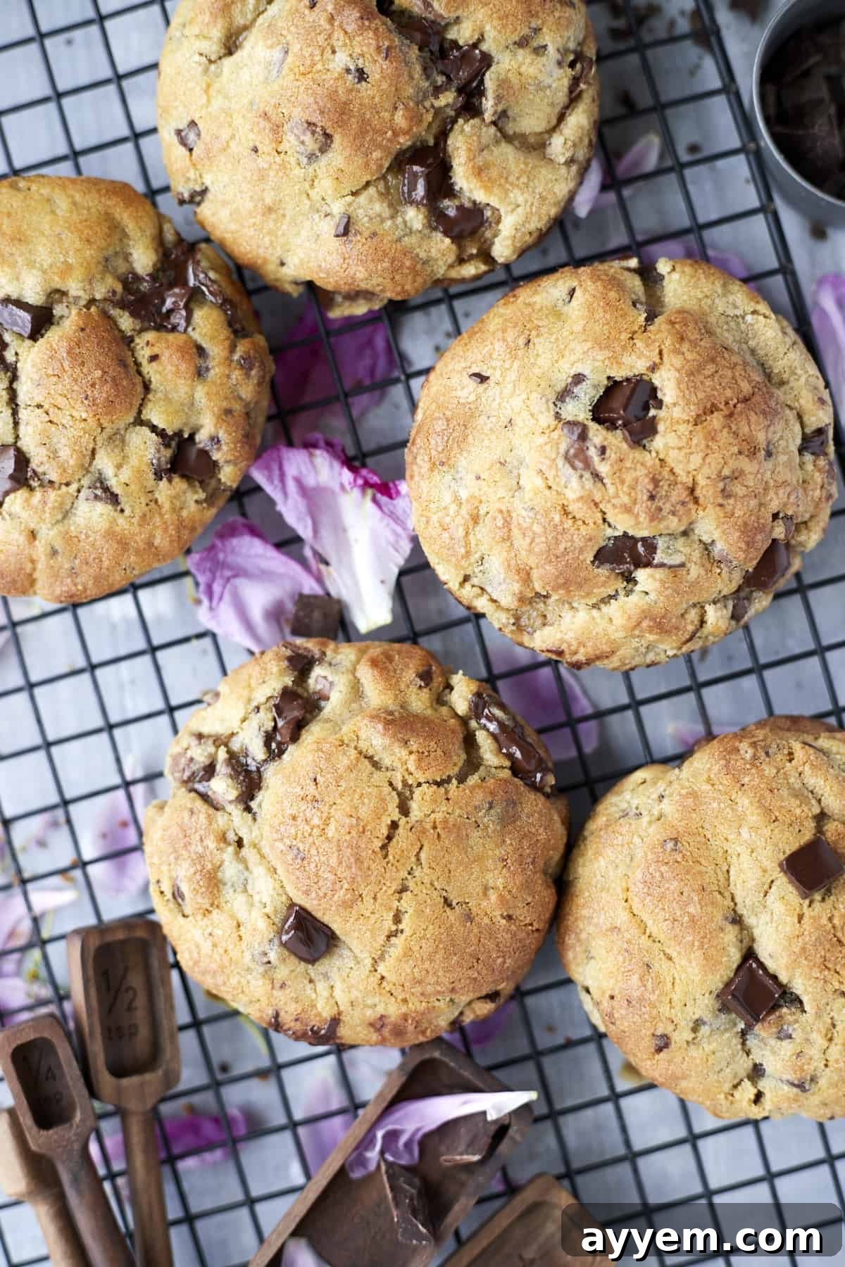 An array of freshly baked ultimate chocolate chip cookies, showcasing their perfect golden brown edges and soft centers, cooling gracefully on a wire rack.