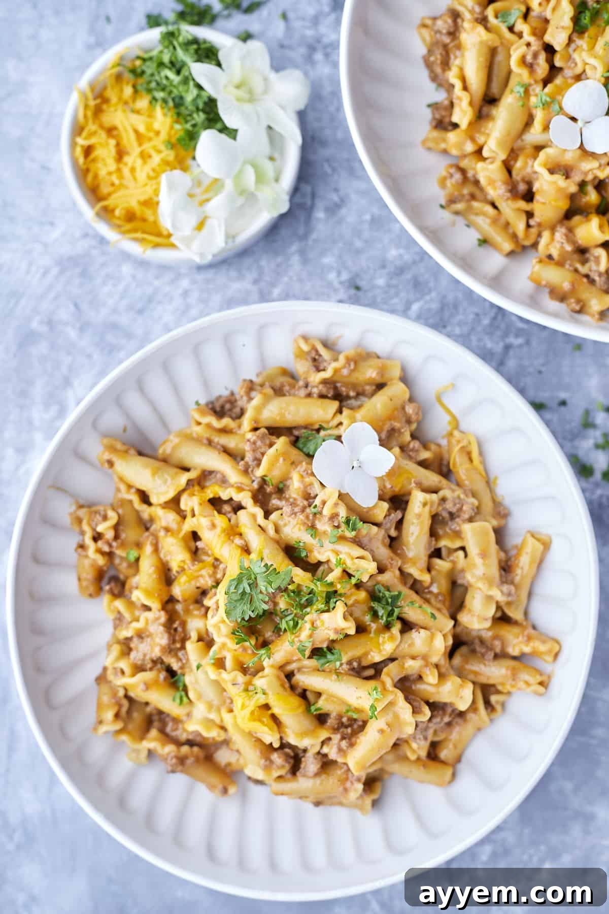 two plates of one pot cheeseburger pasta with a bowl of shredded cheese to the side