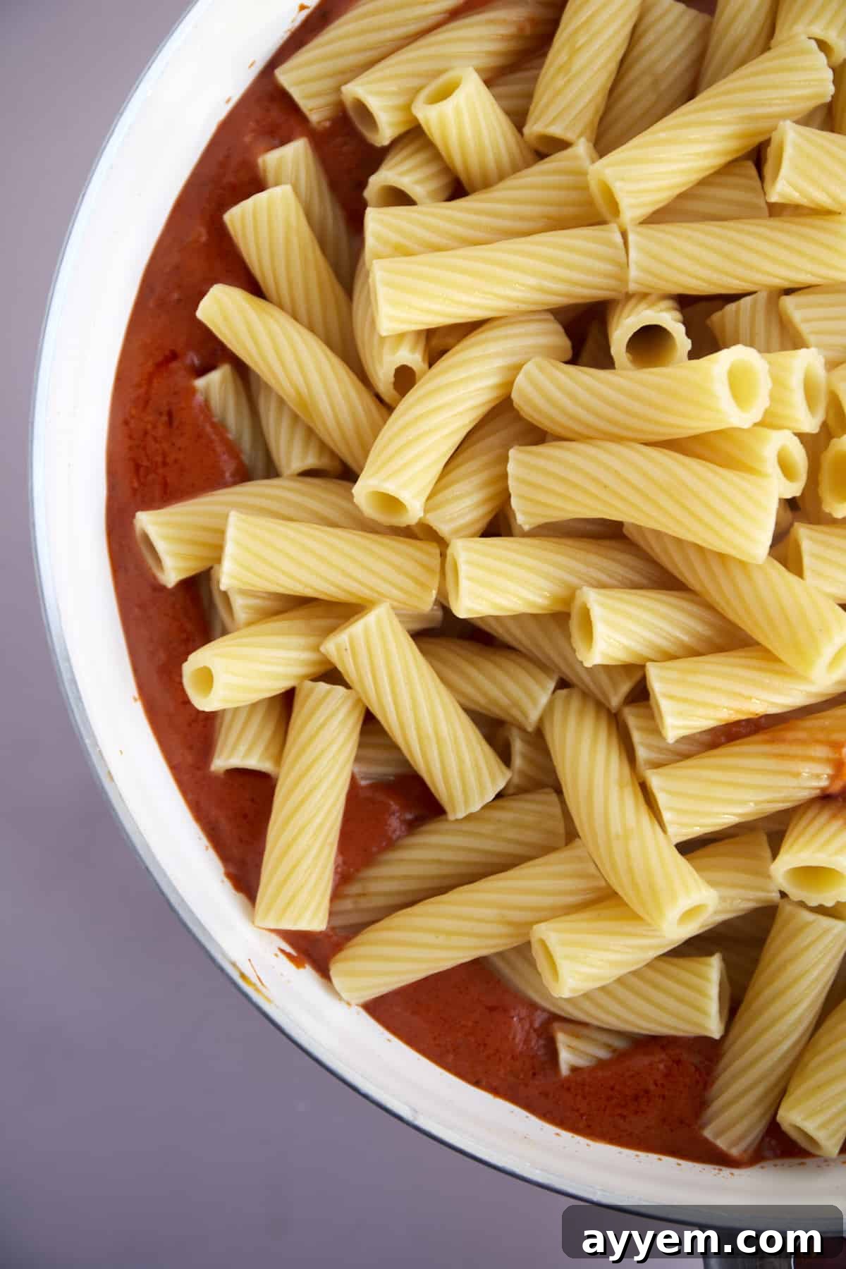 Perfectly cooked rigatoni noodles resting on a bed of flavorful, spicy red sauce, highlighting the pasta's ridged surface.