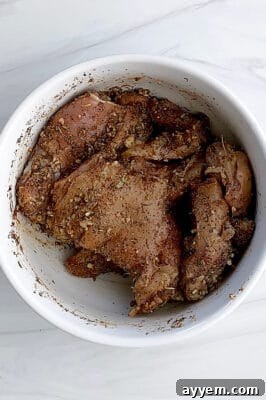 overhead image of raw chicken thighs in a white bowl coated with spices, ready for baking.