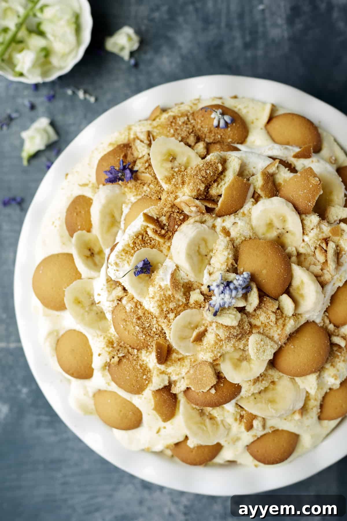 An inviting overhead image of the finished copycat Magnolia Bakery's banana pudding, ready to be served.