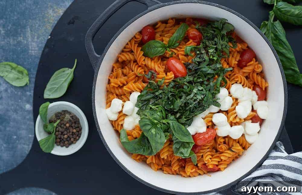 overhead of one pot caprese pasta