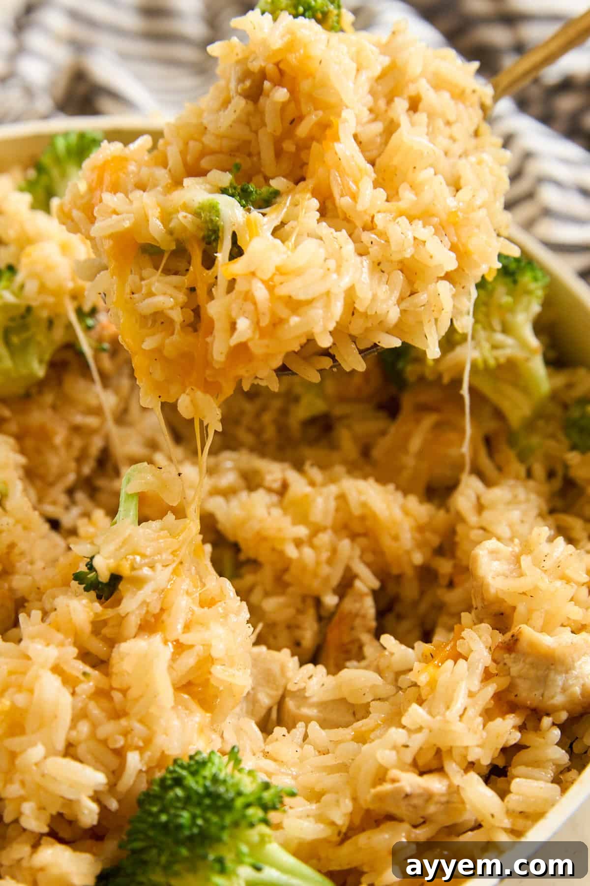 A close-up of cheesy rice with broccoli and chunks of chicken being scooped out of a dish, with melted cheese stretching from the spoon.