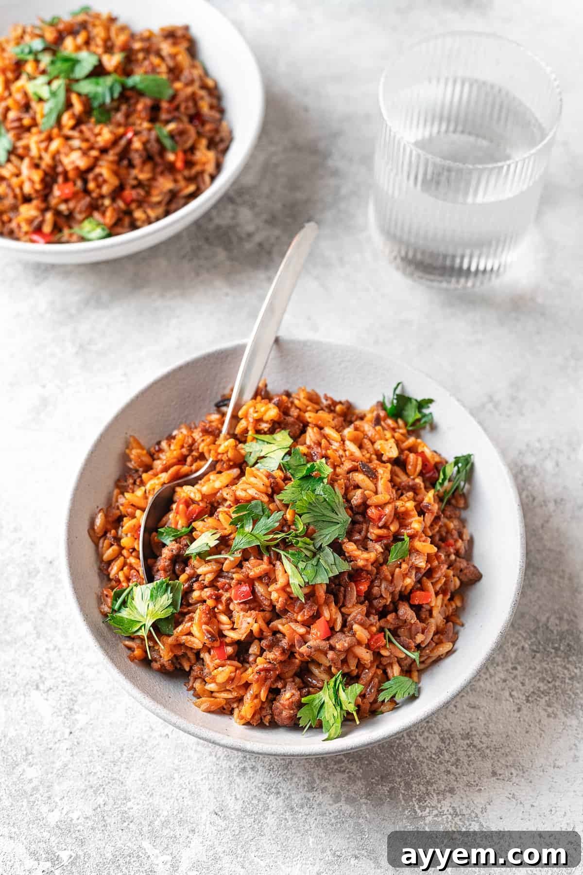 egyptian orzo pasta on a plate with parsley and serving spoon