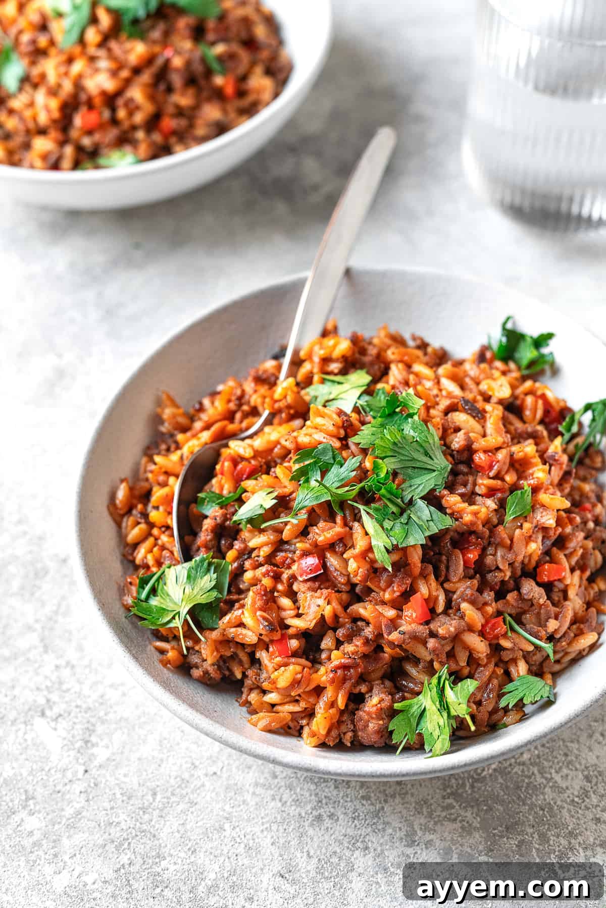 egyptian orzo pasta on a plate with parsley and serving spoon