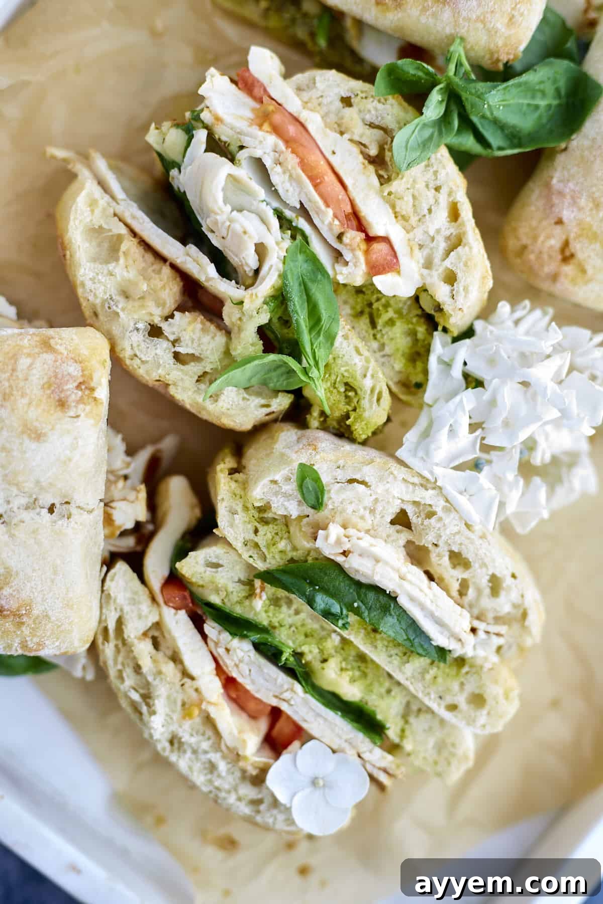 Fresh Turkey Caprese Sandwich 2 Overhead image of a delectable Turkey Caprese Sandwich, sliced in half, revealing its vibrant layers.