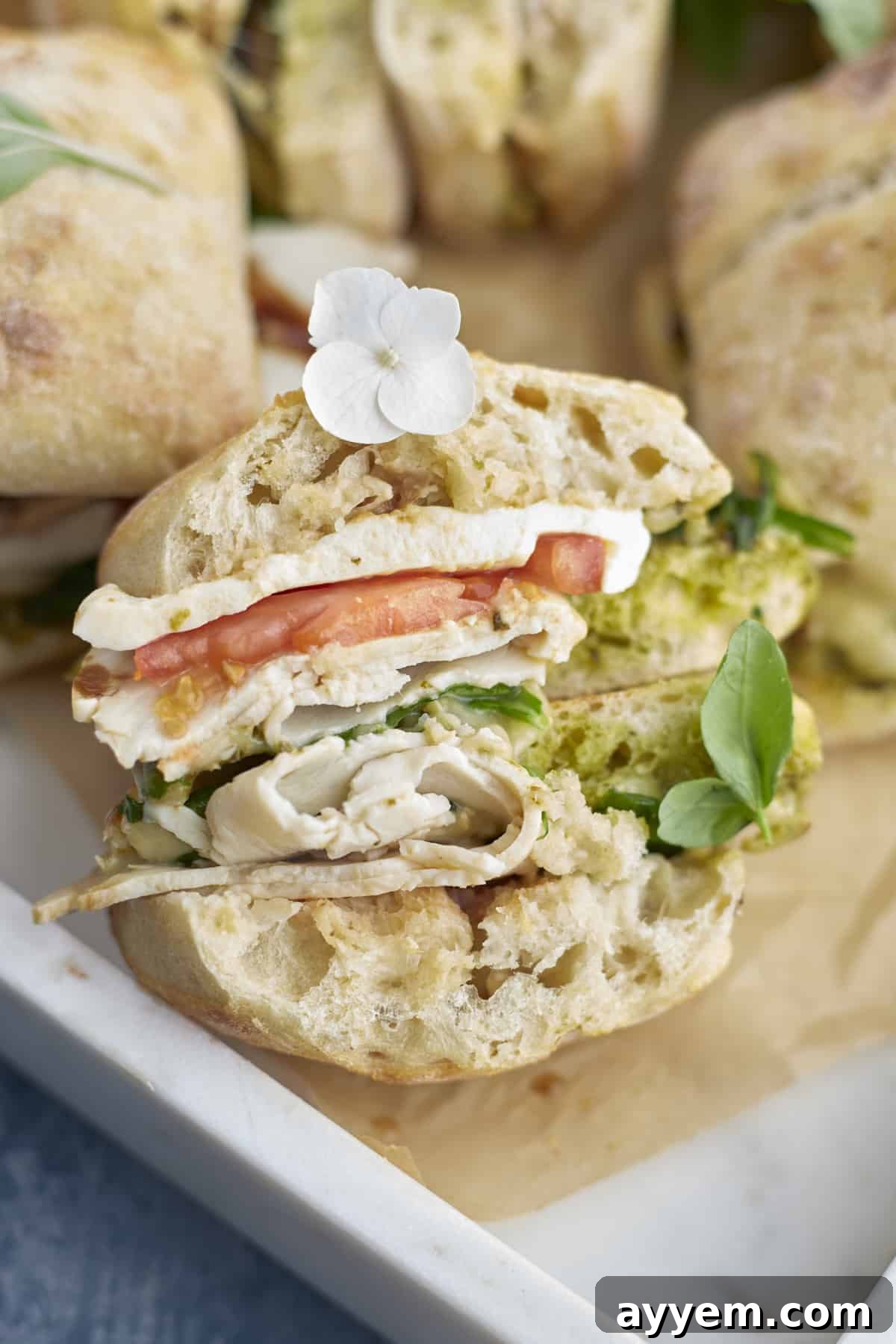 Fresh Turkey Caprese Sandwich 11 A baked Turkey Caprese Sandwich with a delicious bite taken out, revealing the melted cheese and fresh layers.
