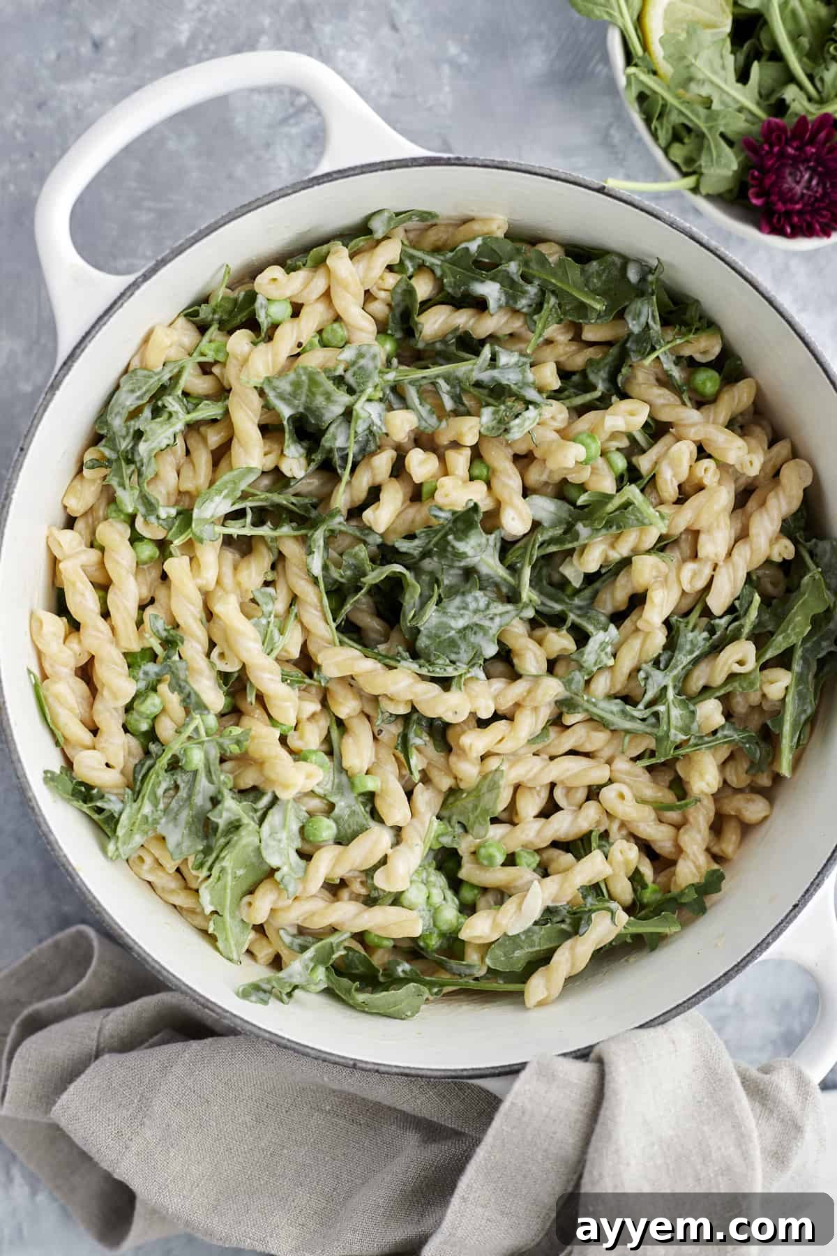 Creamy Lemon Ricotta One-Pot Delight 7 overhead image of One Pot Lemon Ricotta Pasta in a white pot, beautifully garnished