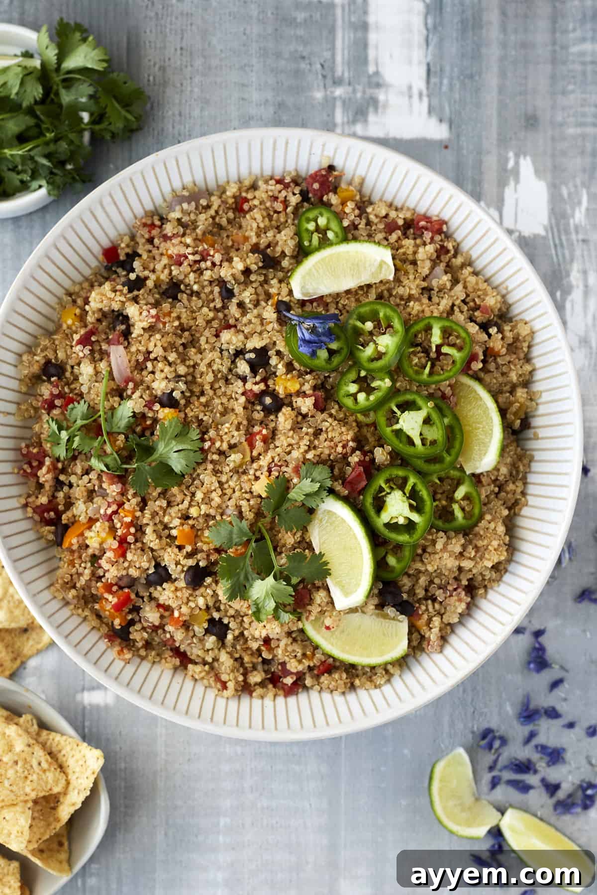 a large white bowl full of Mexican quinoa with veggies and black beans topped with jalapenos, lime wedges, and cilantro