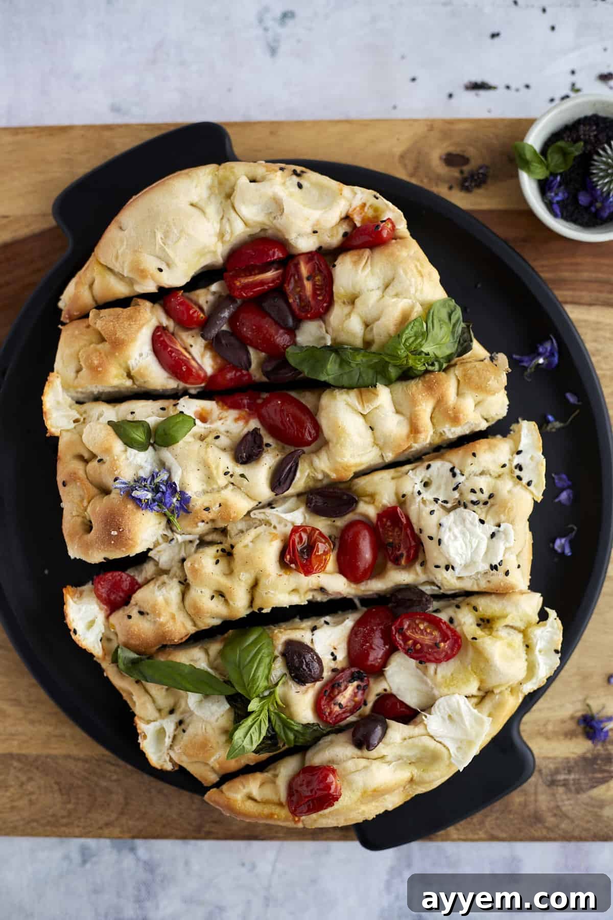 Sliced no knead focaccia bread art on a plate