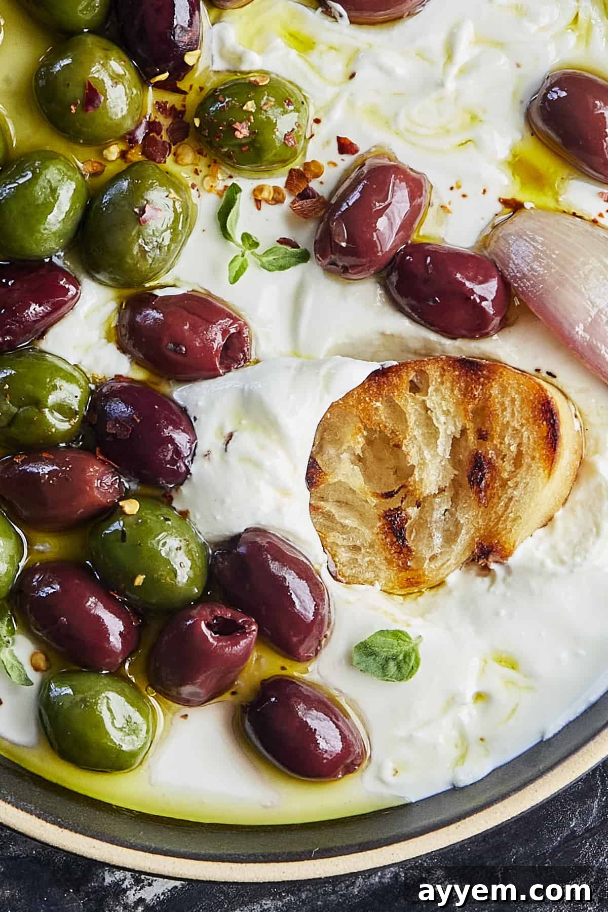 Smooth Whipped Feta with Savory Roasted Olives 3 Closeup of a serving dish filled with creamy whipped feta, generously topped with roasted green and Kalamata olives, ready to be served.