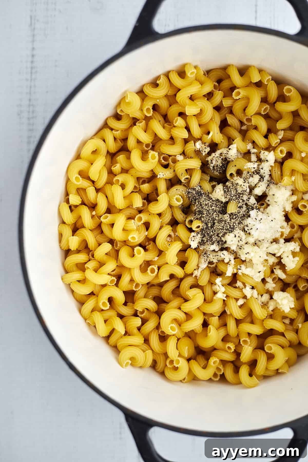 Raw cavatappi noodles, garlic, salt, and pepper arranged in a pot before cooking, highlighting the fresh ingredients.