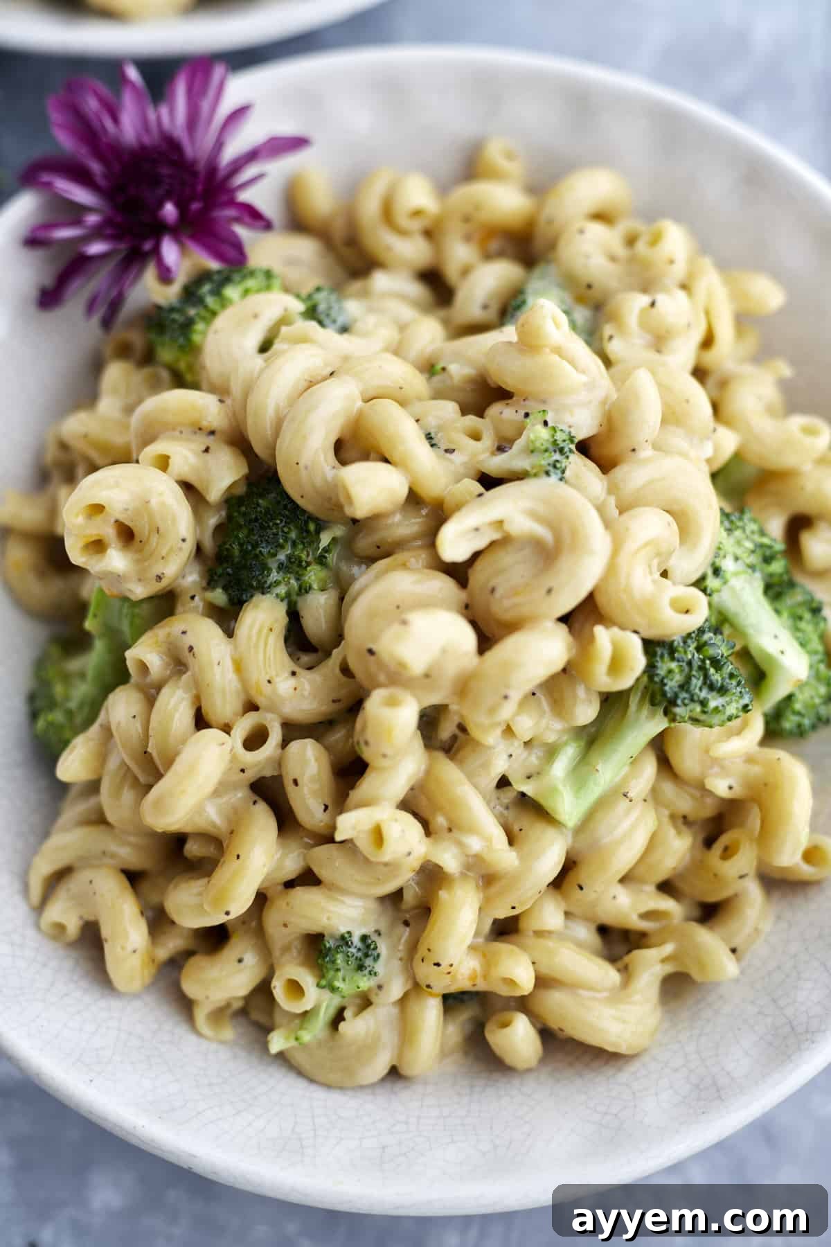 A perfectly portioned bowl of One Pot Broccoli Mac and Cheese, showcasing the creamy sauce, tender pasta, and broccoli florets.