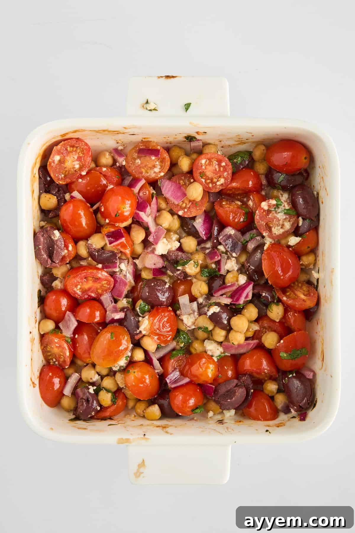 Hummus with roasted tomatoes, kalamata olives, and feta cheese.