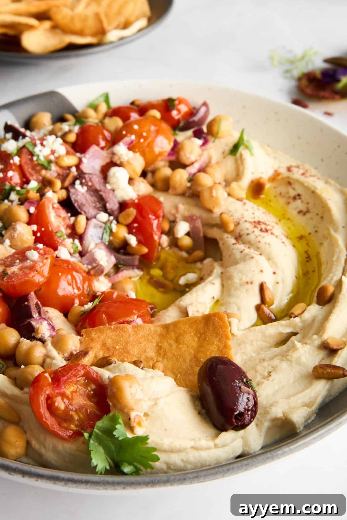 Hummus with roasted tomatoes, kalamata olives, and feta cheese.