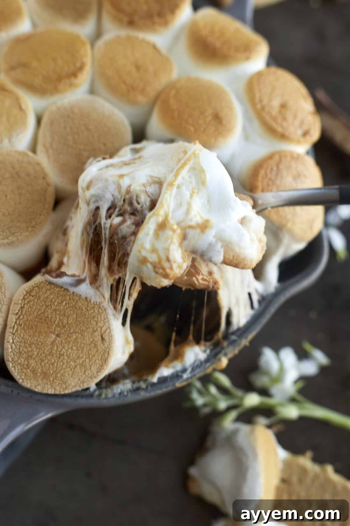 peanut butter s'mores dip being lifted from a skillet with a spoon, revealing the melted chocolate and peanut butter layers.