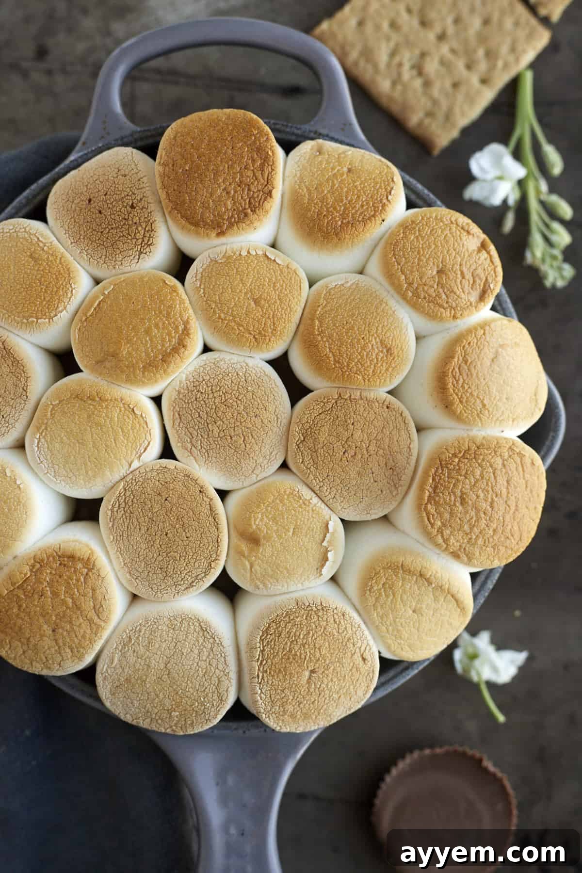 overhead image of toasted marshmallows on top of s'mores dip, ready to be served from a cast iron skillet.