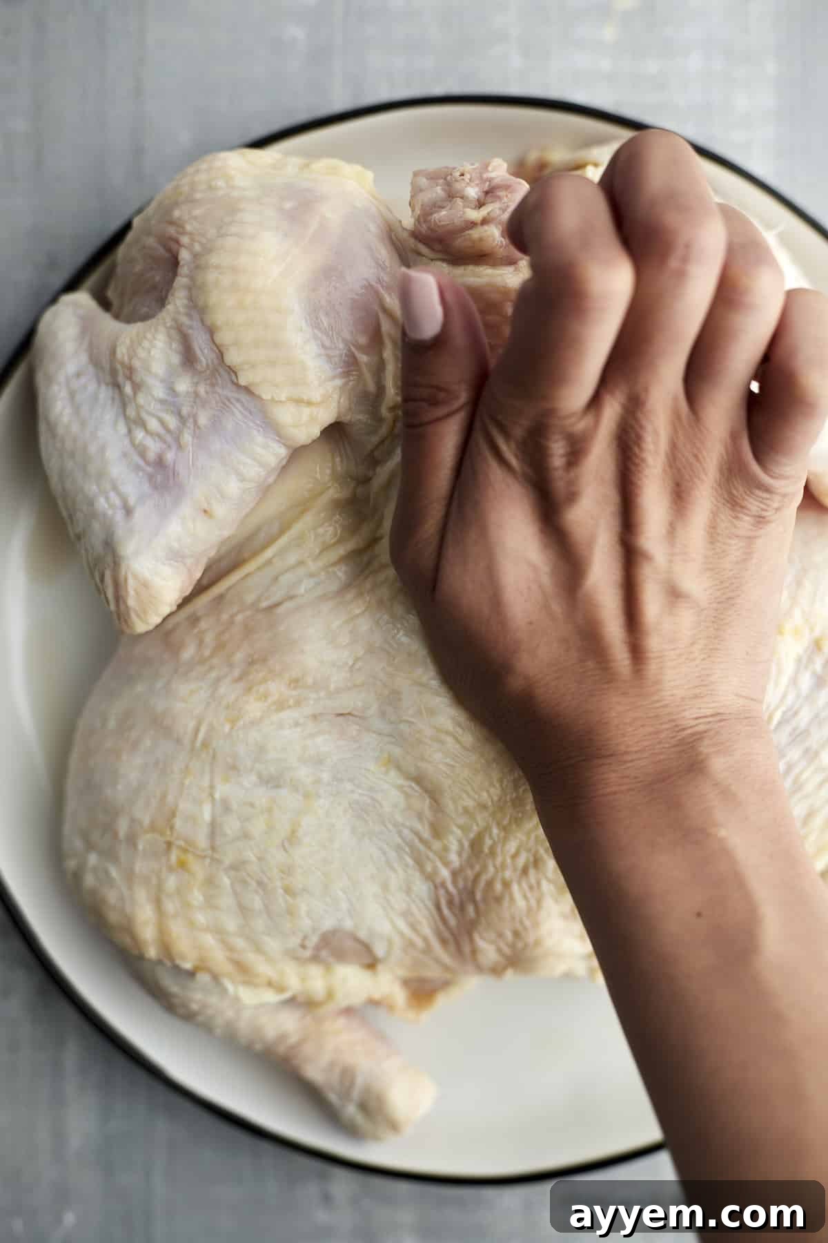 A hand butterflying a raw whole chicken with kitchen shears, removing the backbone.