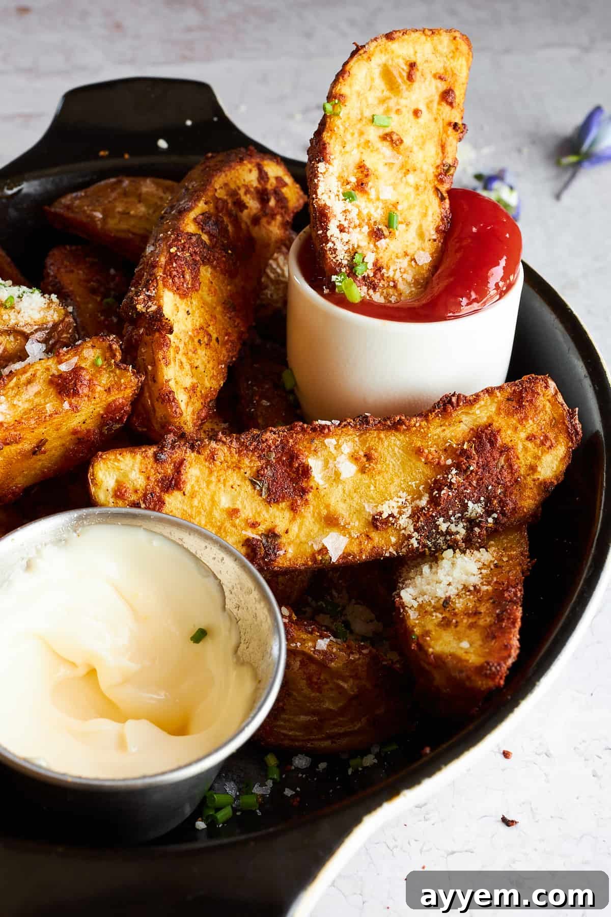 A plate brimming with garlic Parmesan potato wedges, accompanied by small bowls of various dipping sauces like ketchup and a white creamy sauce.