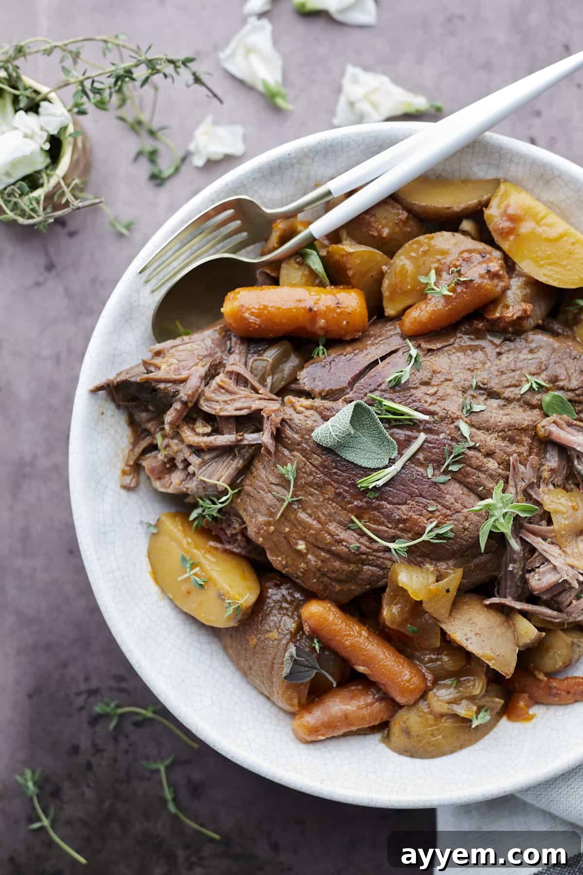 A hearty bowl of slow cooker beef pot roast, featuring tender beef, soft carrots, and golden potatoes, garnished with fresh herbs.