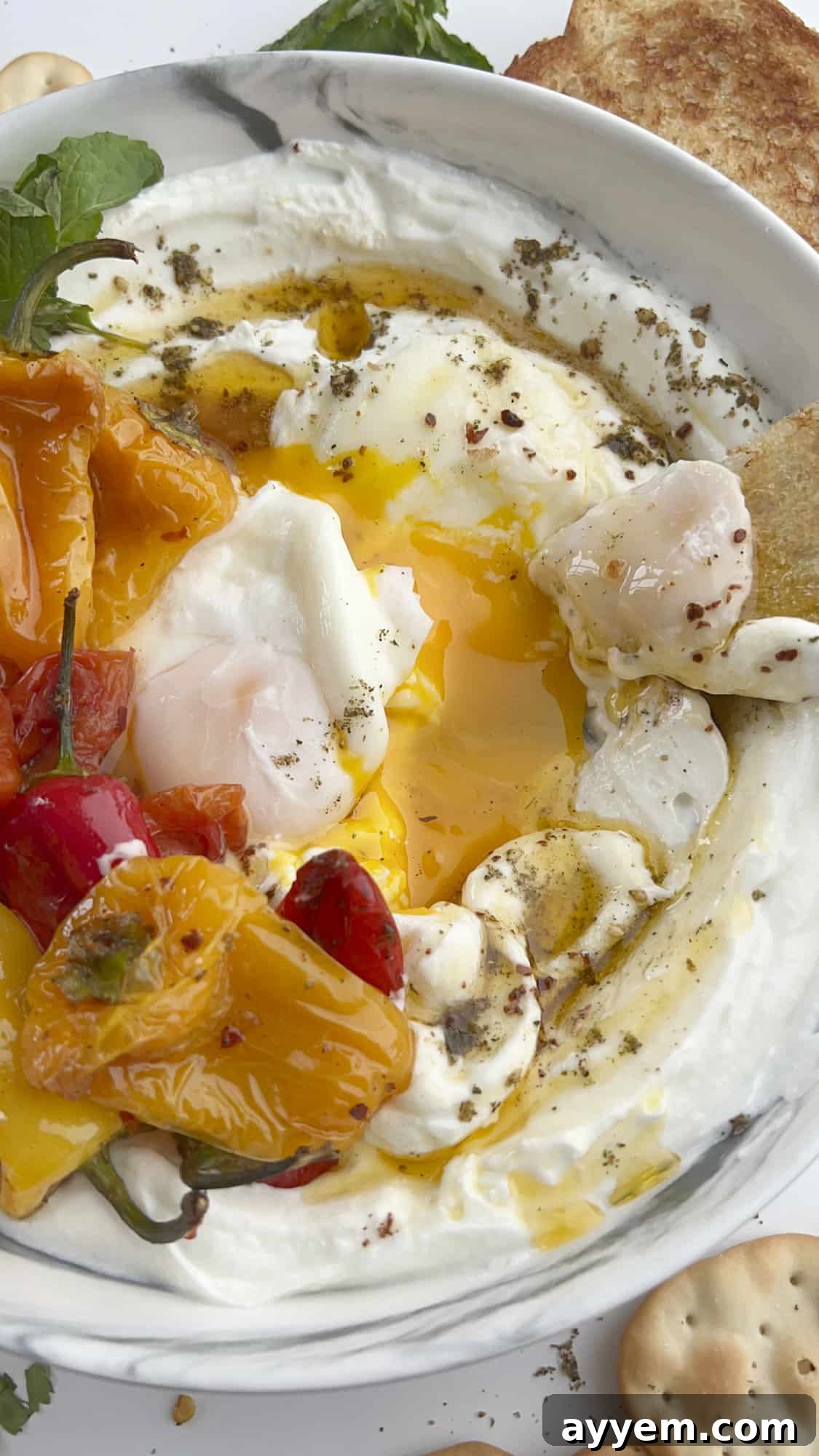 Close up image of Turkish eggs, showing the runny yolk, yogurt, and spiced oil