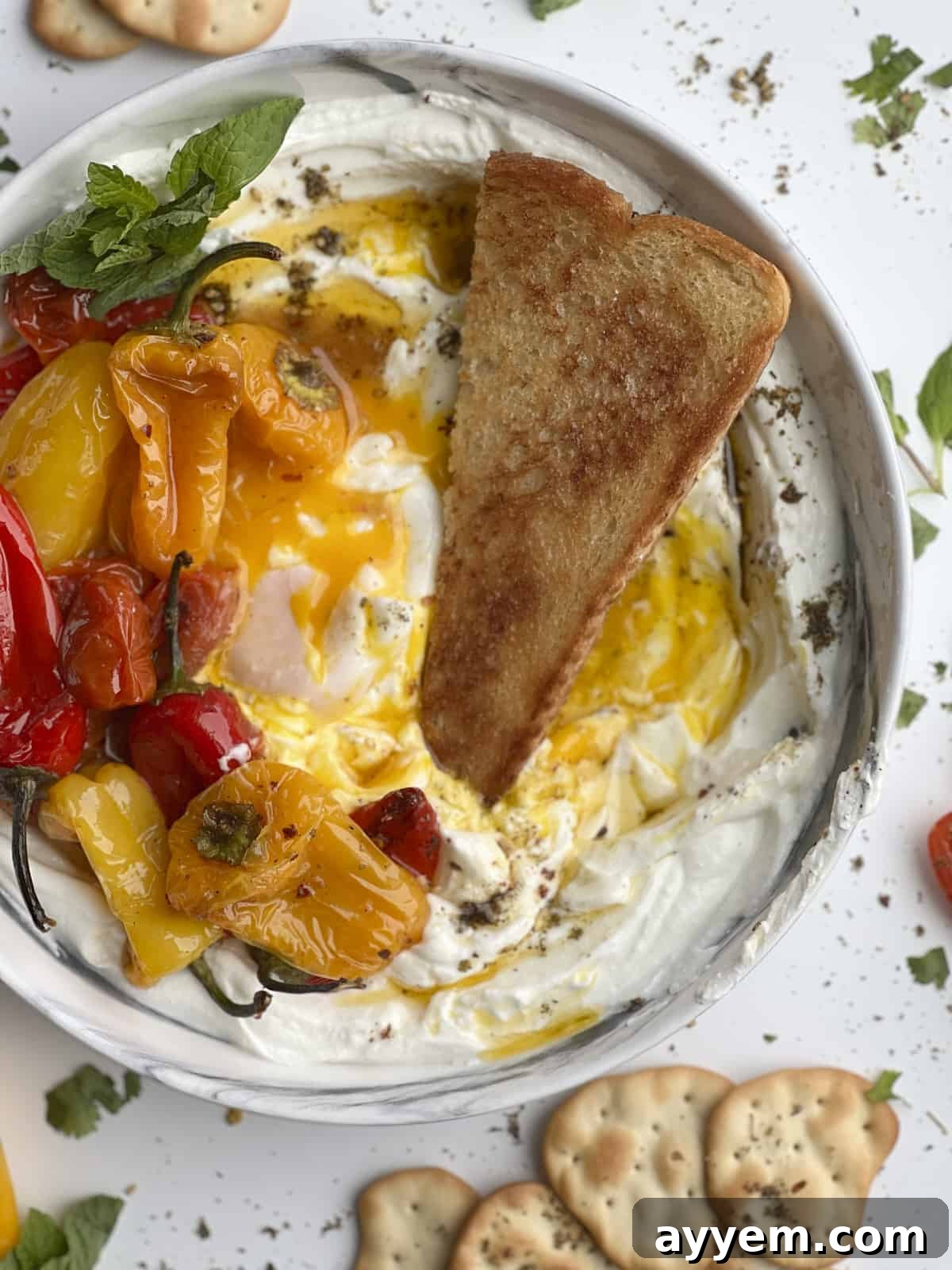 Turkish eggs dish with yogurt, toast, and roasted peppers and tomatoes
