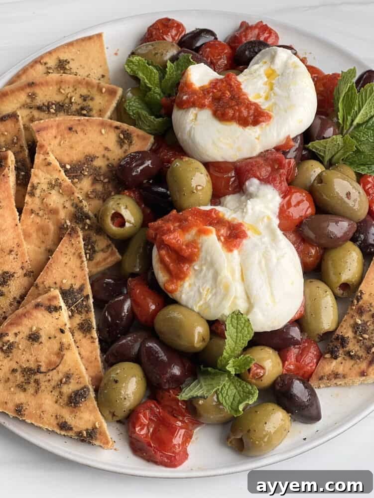 side view of burrata with roasted tomatoes, olives and zaatar pita on a decorative plate